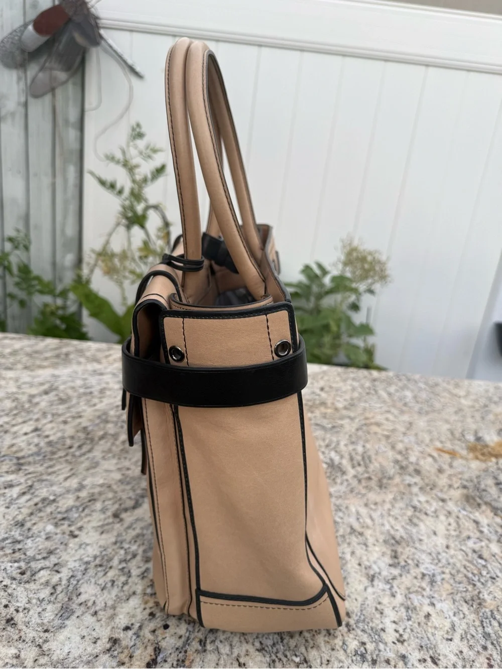 Men's Leather Tote Bag in Beige with Black Trim